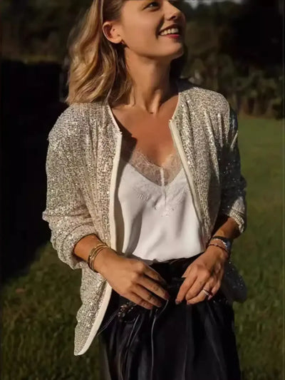 Sequin Zip Up Long Sleeve Jacket - Byyde