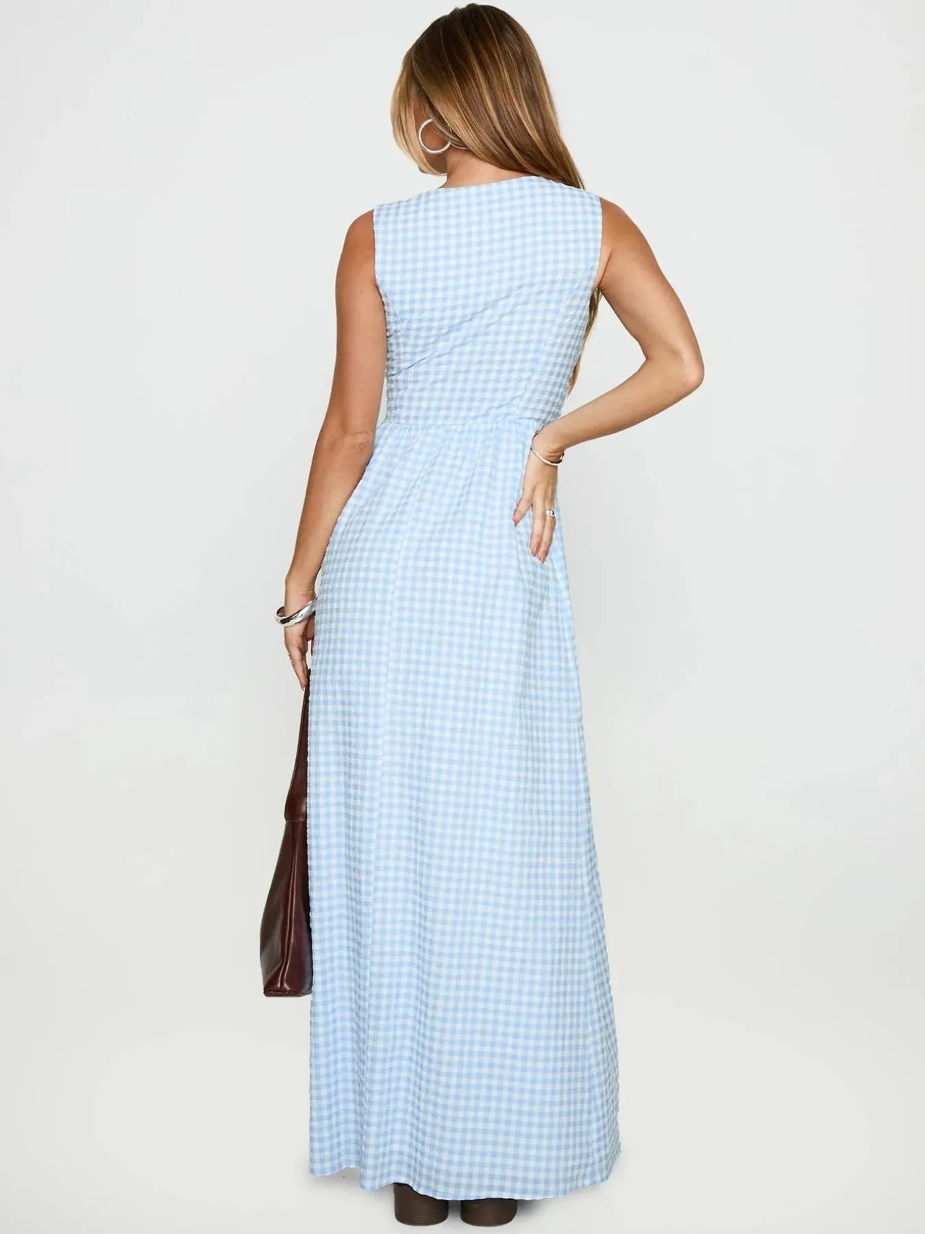 Plaid Tie Front Sleeveless Maxi Dress - Byyde