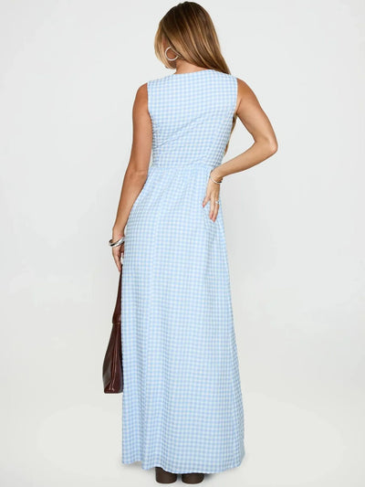 Plaid Tie Front Sleeveless Maxi Dress - Byyde