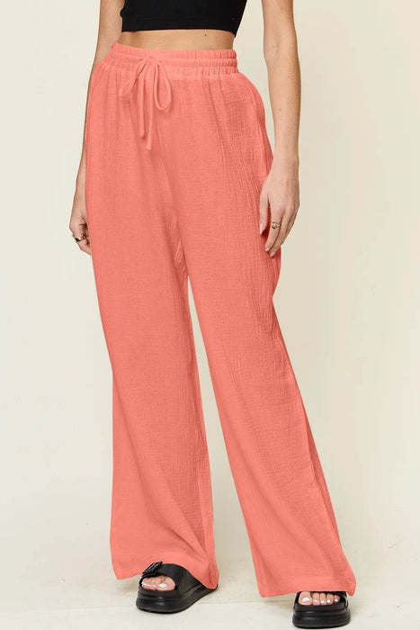 Double Take Full Size Texture Drawstring Wide Leg Pants - Byyde