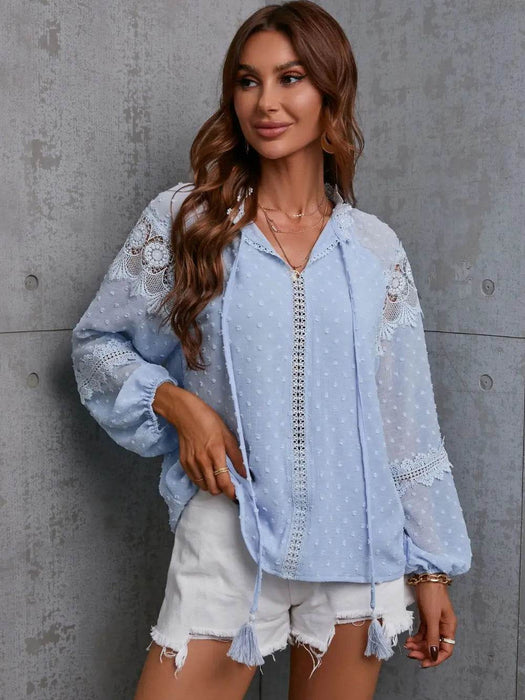 Crochet Tassel Tie Neck Long Sleeve Blouse - Byyde