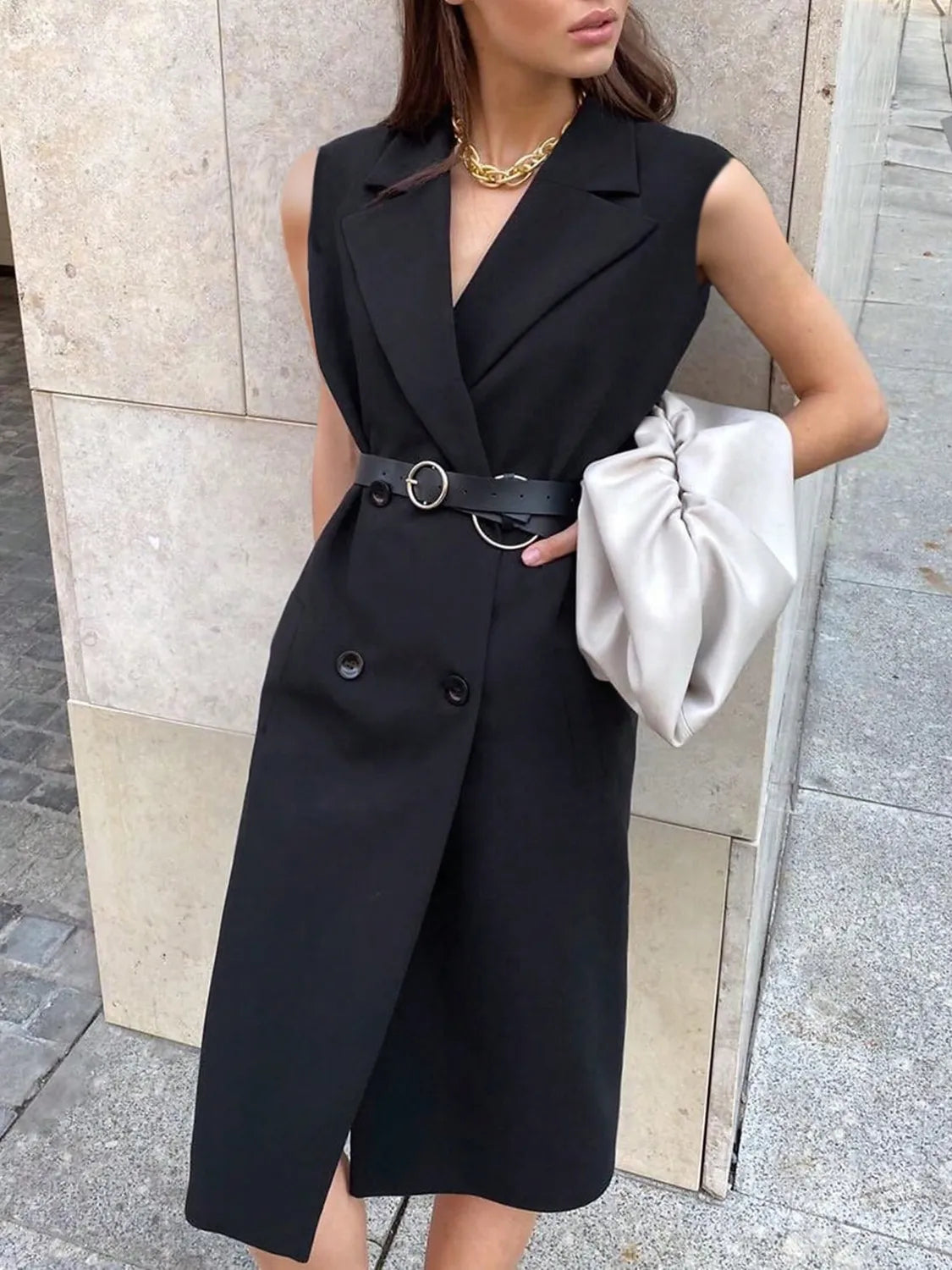 Lapel Collar Sleeveless Longline Blazer - Byyde