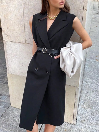 Lapel Collar Sleeveless Longline Blazer - Byyde