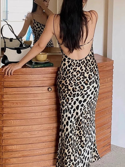 Leopard Print Satin Maxi Dress - Byyde