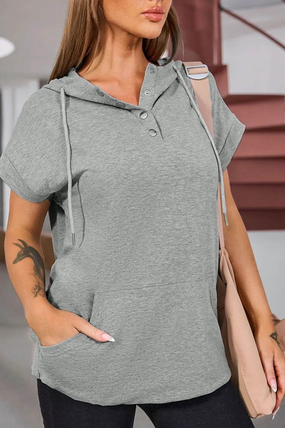 Drawstring Quarter Snap Cap Sleeve Hoodie - Byyde