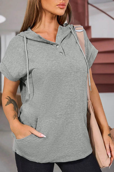 Drawstring Quarter Snap Cap Sleeve Hoodie - Byyde