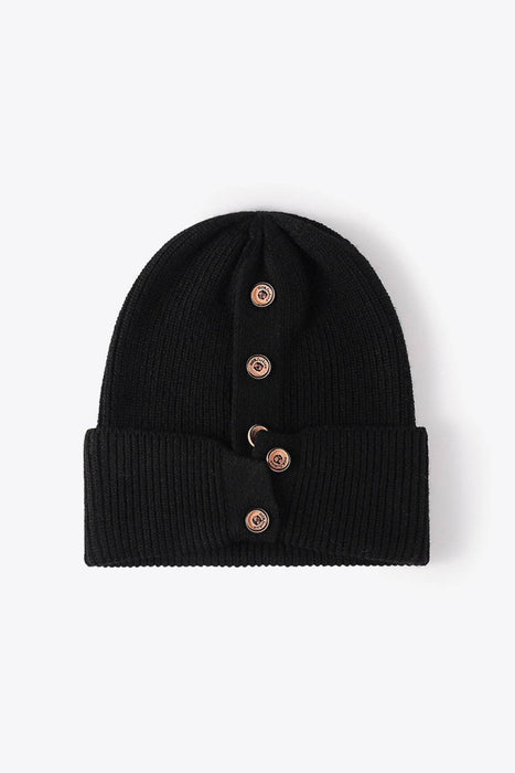 Button Detail Rib-Knit Cuff Beanie - Byyde