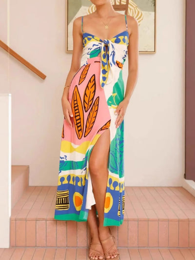 Tied Front Printed Slit Maxi Cami Dress - Byyde
