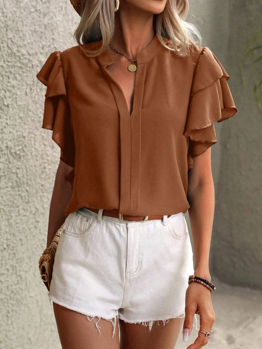 Ruffle Sleeve Notched Blouse - Byyde