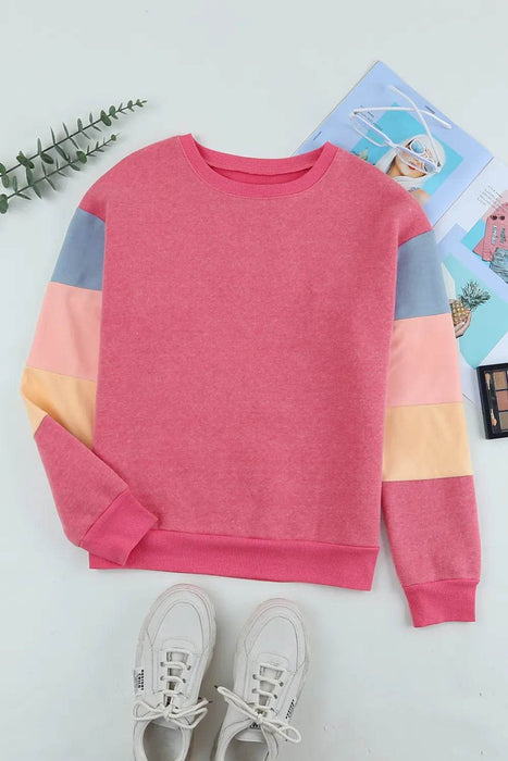 Color Block Round Neck Long Sleeve Sweatshirt - Byyde