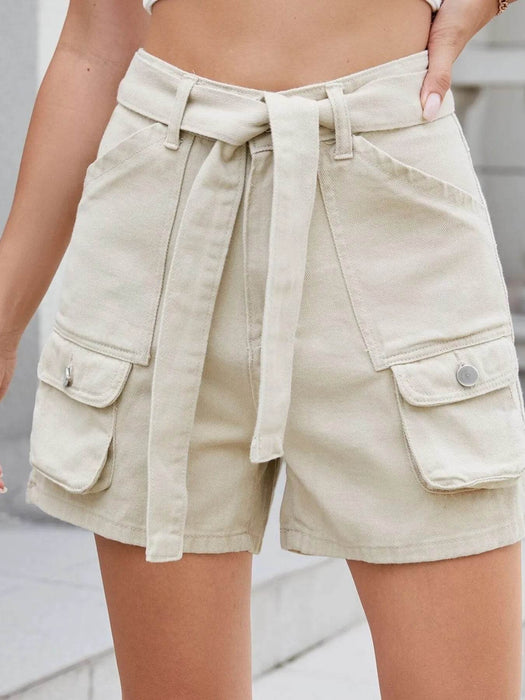 High Waist Belted Cargo Denim Shorts - Byyde