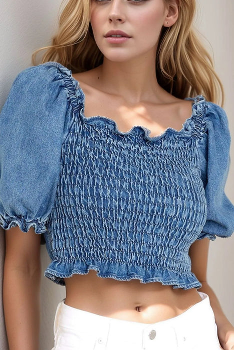 Puff Sleeve Smocked Cropped Denim Top - Byyde