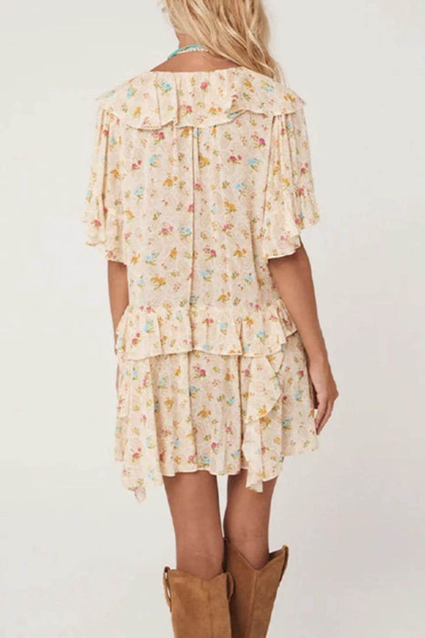 Boho Floral Tassel Tie V Neck Ruffle Wide Sleeve Mini Dress - Byyde