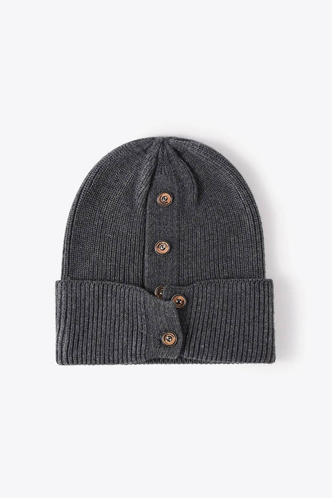 Button Detail Rib-Knit Cuff Beanie - Byyde