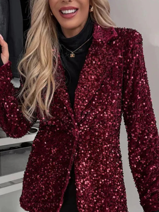 Sequin Lapel Collar Long Sleeve Blazer - Byyde