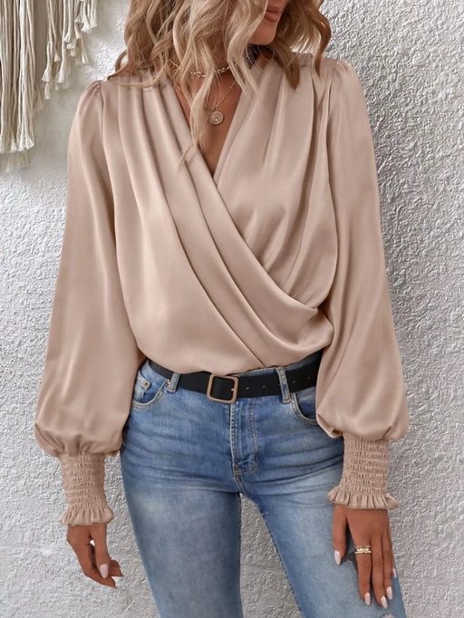 Surplice Smocked Lantern Sleeve Blouse - Byyde
