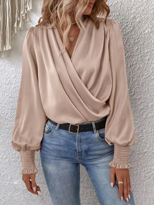 Surplice Smocked Lantern Sleeve Blouse - Byyde