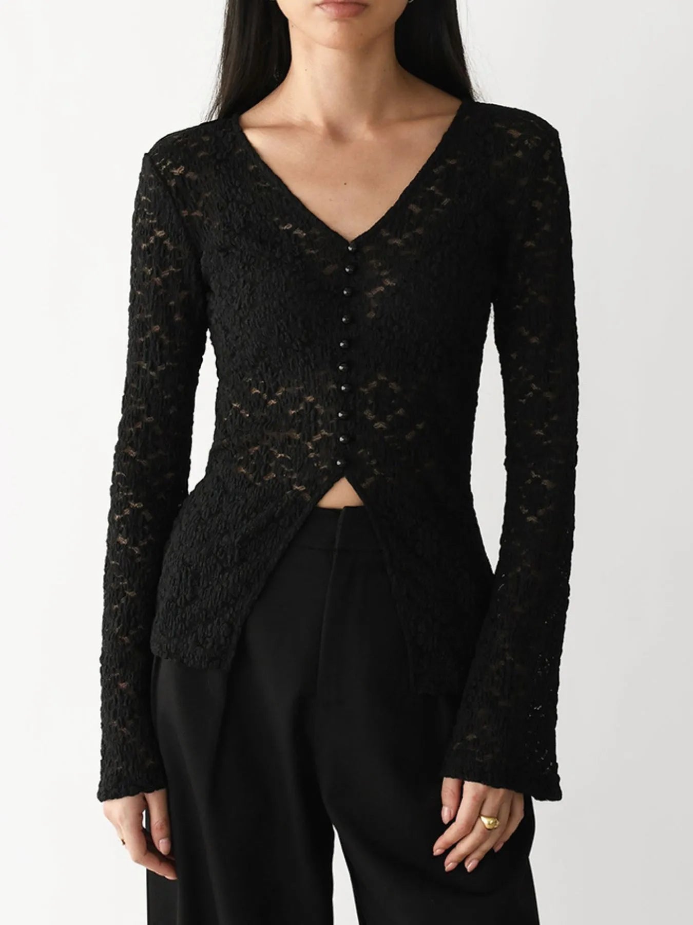 Lace V-Neck Flare Sleeve T-Shirt - Byyde