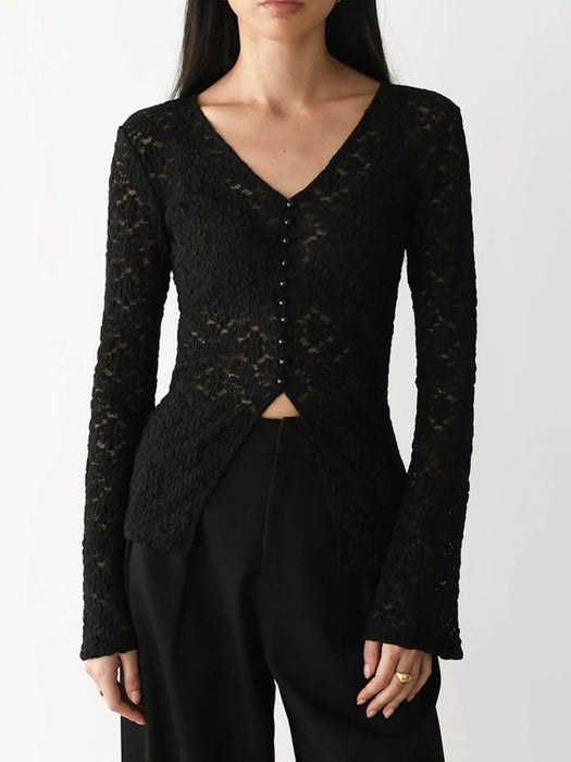 Lace V-Neck Flare Sleeve T-Shirt - Byyde