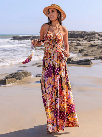 Slit Printed Halter Neck Cami Dress - Byyde