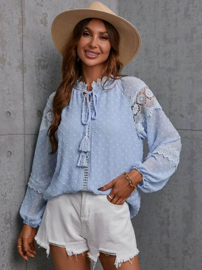 Crochet Tassel Tie Neck Long Sleeve Blouse - Byyde