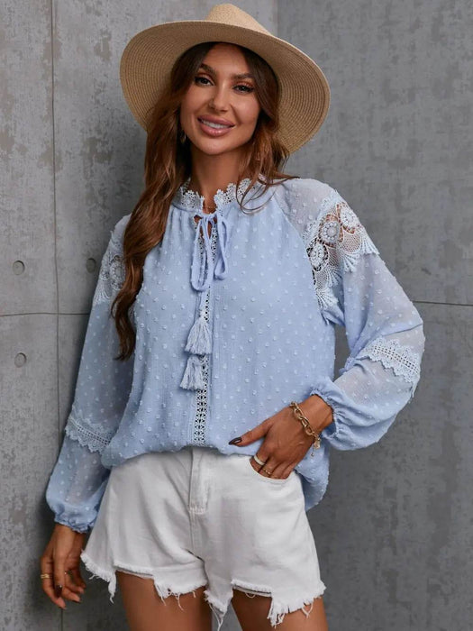 Crochet Tassel Tie Neck Long Sleeve Blouse - Byyde