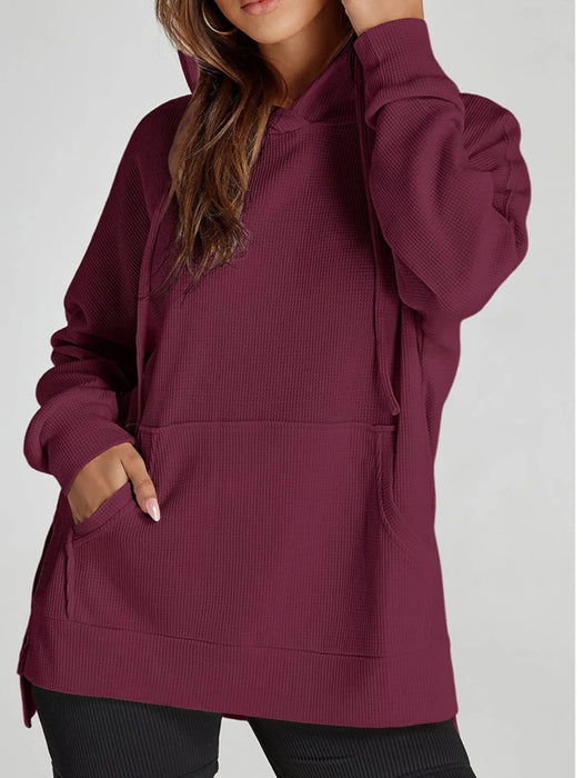 Slit Drawstring Waffle Knit Hoodie - Byyde