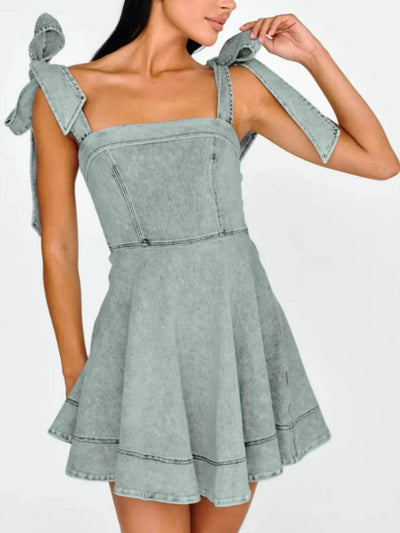 Bow-Shoulder Square Neck Denim Mini Dress - Byyde