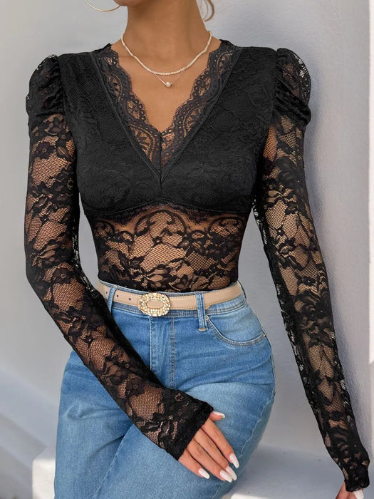 Perfee Lace V-Neck Long Sleeve Bodysuit - Byyde