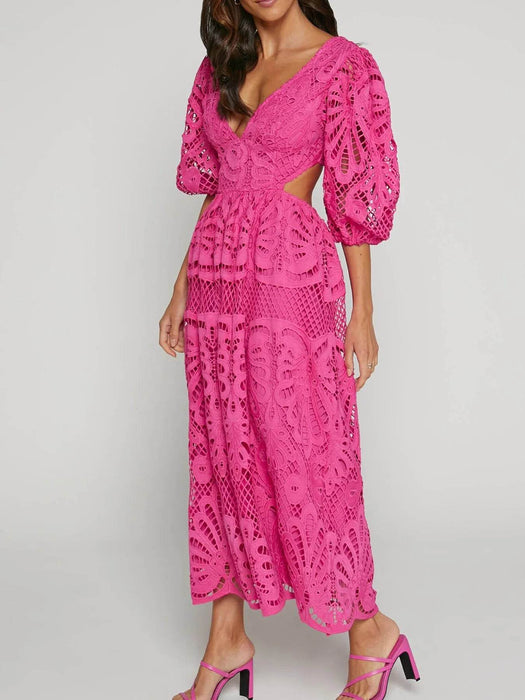 Cutout Back Lace Crochet V-Neck Dress - Byyde