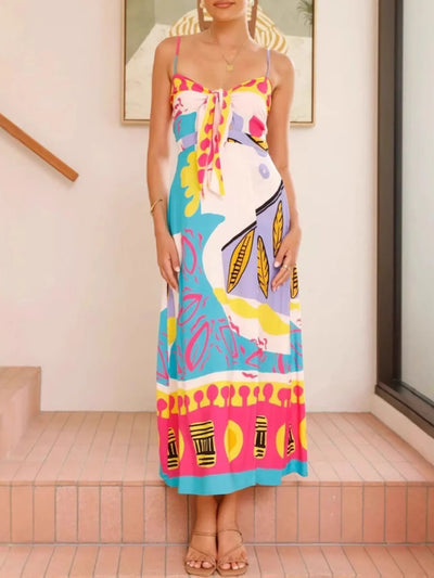 Tied Front Printed Slit Maxi Cami Dress - Byyde