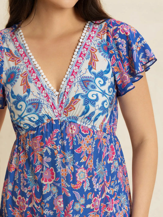 Printed V-Neck Wide Leg Jumpsuit - Byyde