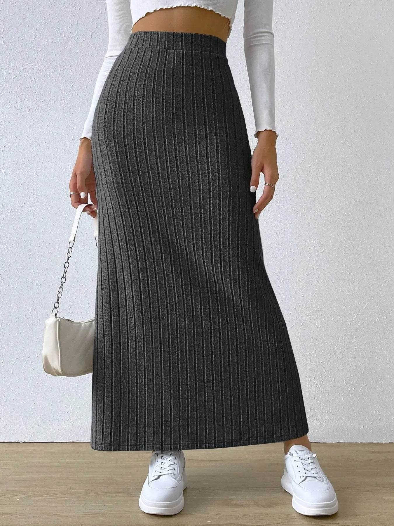 High Waist Ribbed Knit Maxi Skirt - Byyde