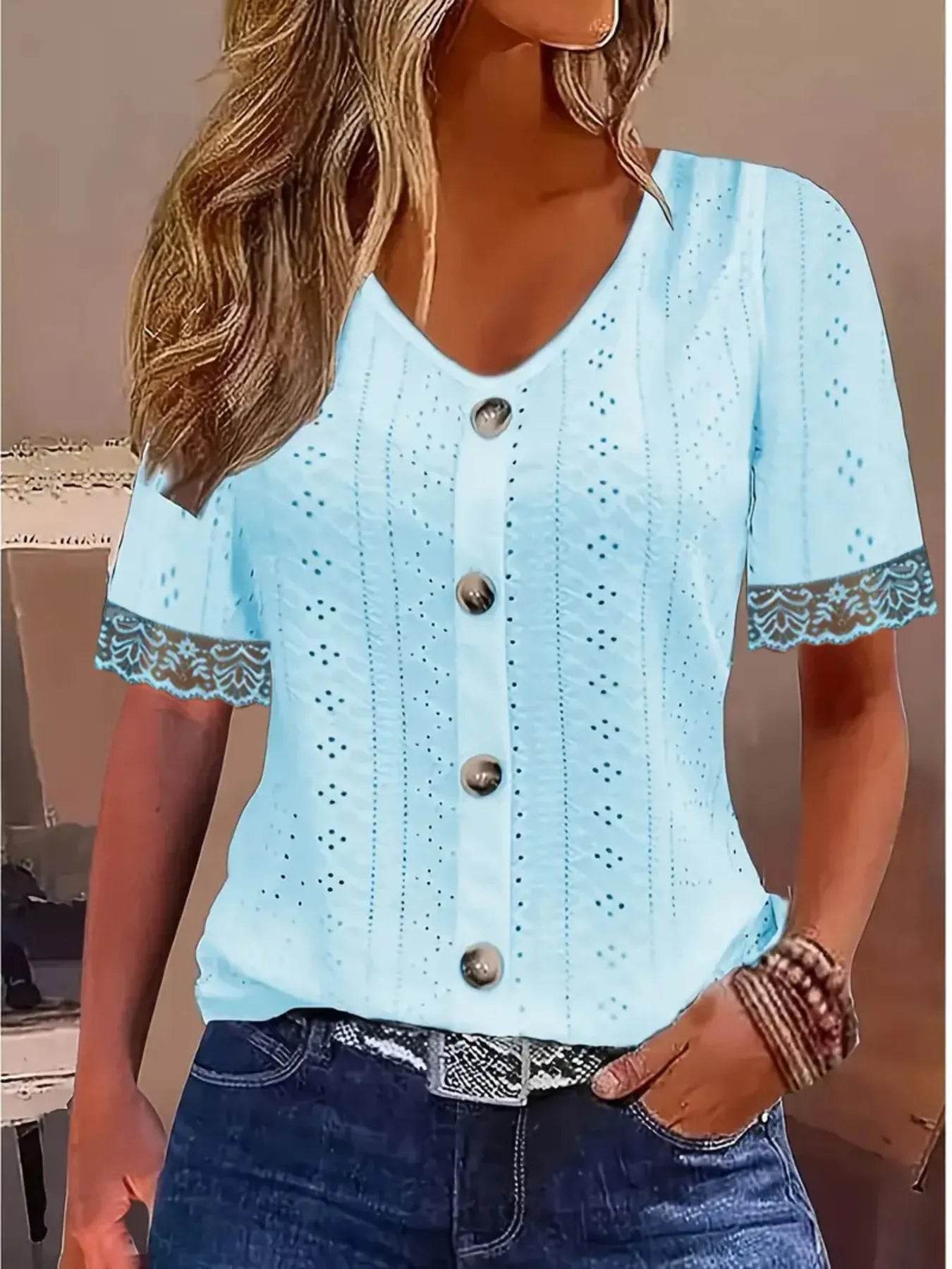 Eyelet Lace Trim Short Sleeve Blouse - Byyde
