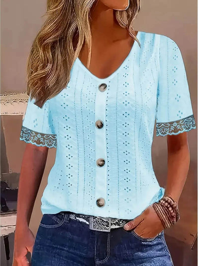 Eyelet Lace Trim Short Sleeve Blouse - Byyde