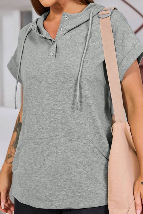 Drawstring Quarter Snap Cap Sleeve Hoodie - Byyde