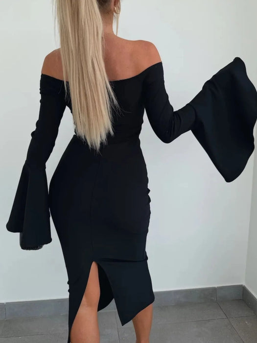 Off Shoulder Bell Sleeve Bodycon Midi Dress - Byyde