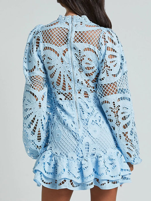 Lace Crochet Long Sleeve Mini Dress - Byyde