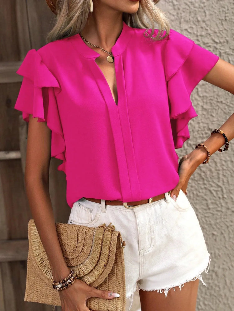 Ruffle Sleeve Notched Blouse - Byyde