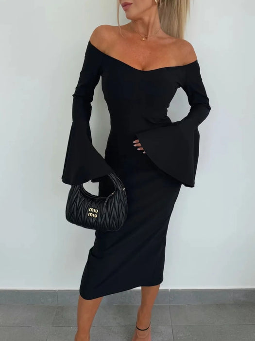 Off Shoulder Bell Sleeve Bodycon Midi Dress - Byyde