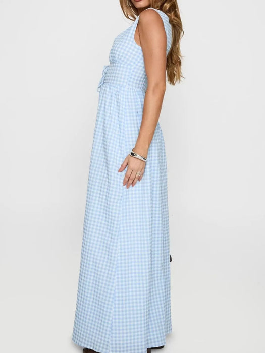 Plaid Tie Front Sleeveless Maxi Dress - Byyde