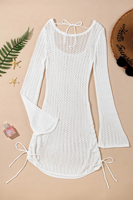 Hollow Out Bell Sleeve Drawstring Knit Cover Up Dress - Byyde