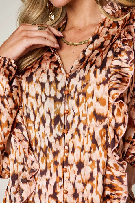 Double Take Full Size Printed Ruffle Trim Balloon Sleeve Shirt - Byyde