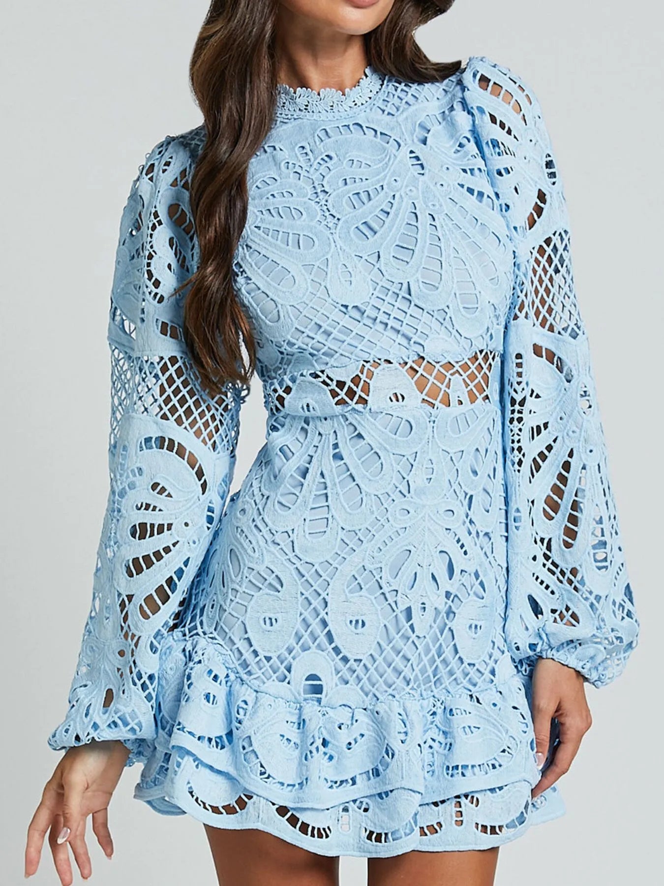Lace Crochet Long Sleeve Mini Dress - Byyde