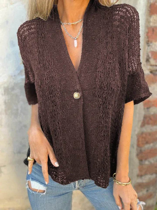 Full Size One Button Openwork Cardigan Plus Size - Byyde