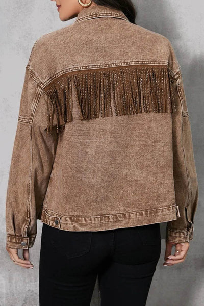 Fringe Trim Snap Down Denim Jacket - Byyde
