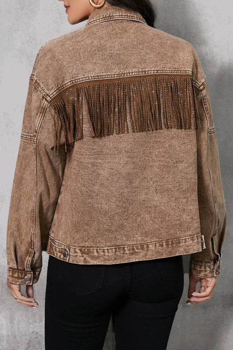 Fringe Trim Snap Down Denim Jacket - Byyde
