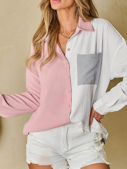 Color Block Oversized Button-Up Shirt with Chest Pocket - Byyde