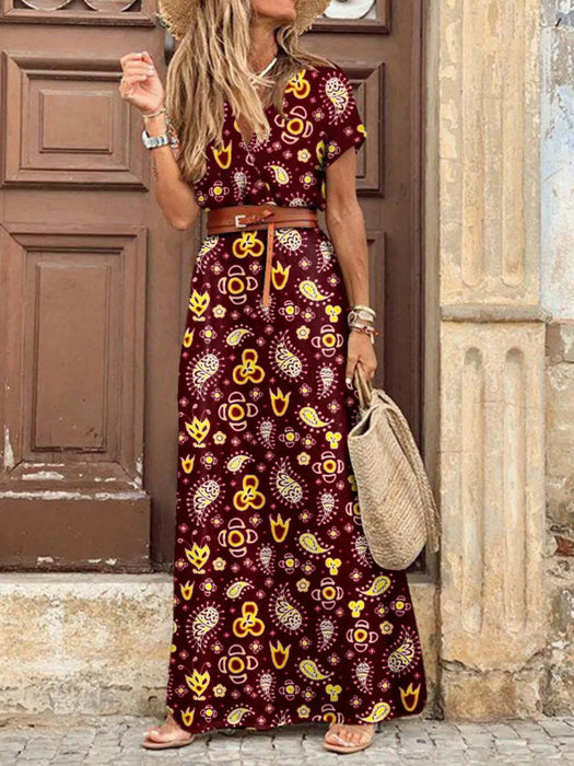 Full Size Printed V-Neck Short Sleeve Maxi Dress Plus Size - Byyde