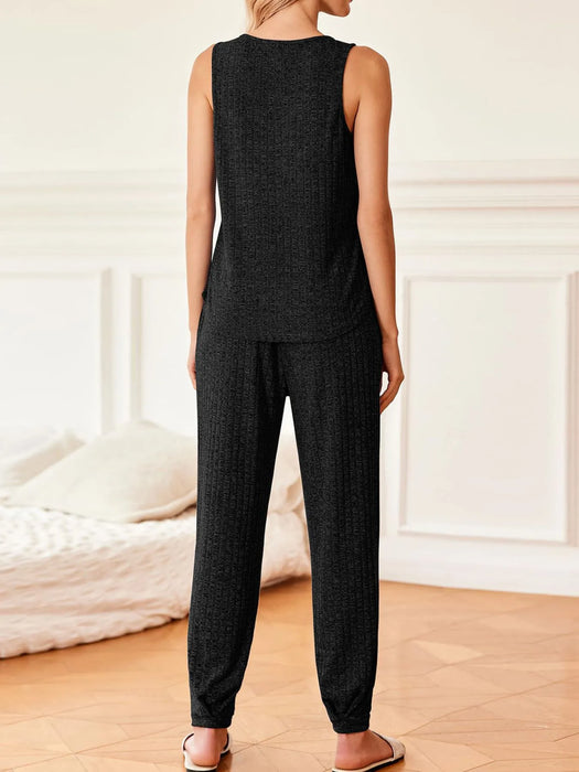 Ribbed Knit V-Neck Tank and Pants Lounge Set - Byyde